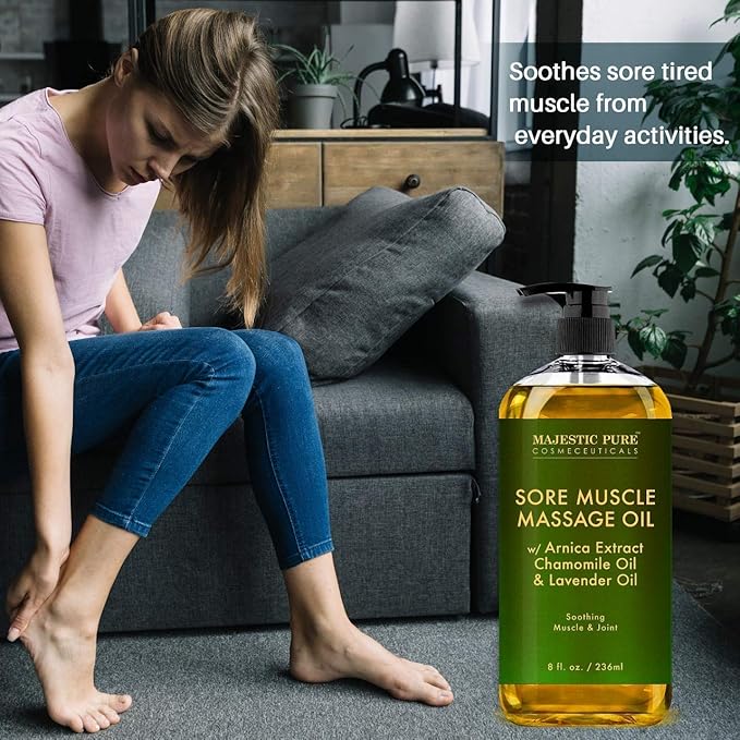 Majestic Pure Sore Muscle Massage Oil and Frankincense Massage Oil Bundle – 8 fl oz Each