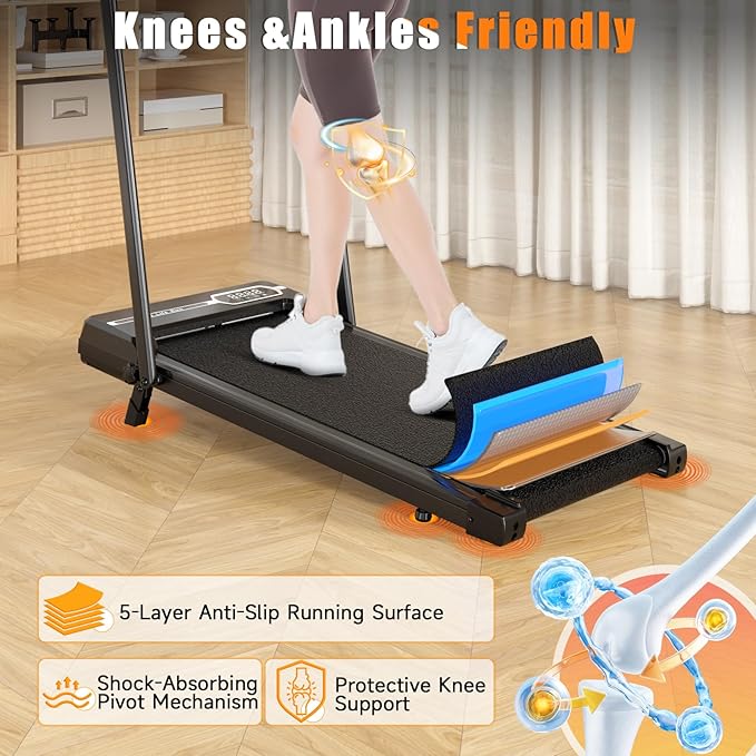 Incline Walking Pad with Handle Bar, Foldable Portable Under Desk Treadmill for Home Office, Ultra Quiet <45dB, Safety Lock, 300+ LB Capacity