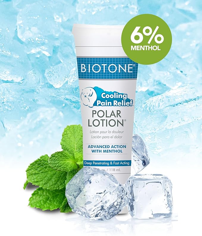 BIOTONE Polar Lotion relieves minor Arthritis, Backaches, Strains, Sprains, Stiffness, Bruises, and Muscle Cramps, 4 oz.