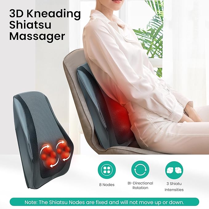 Snailax Shiatsu Back Massager for Back Pain Deep Tissue, Lower Back Neck Massager with Heat, 3D Kneading Back Massager for Chair, Massage Pillow as Gifts for Mom, Dad, Women