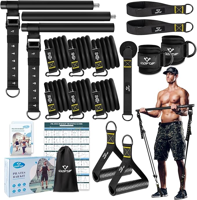 Pilates Bar Kit with Resistance Bands, Multifunctional Metal Exercise Bar with Heavy-Duty Metal Adjustment Buckle, Portable Home Gym Pilates Resistance Bar Kit for Heavy Weight Training Men&Women
