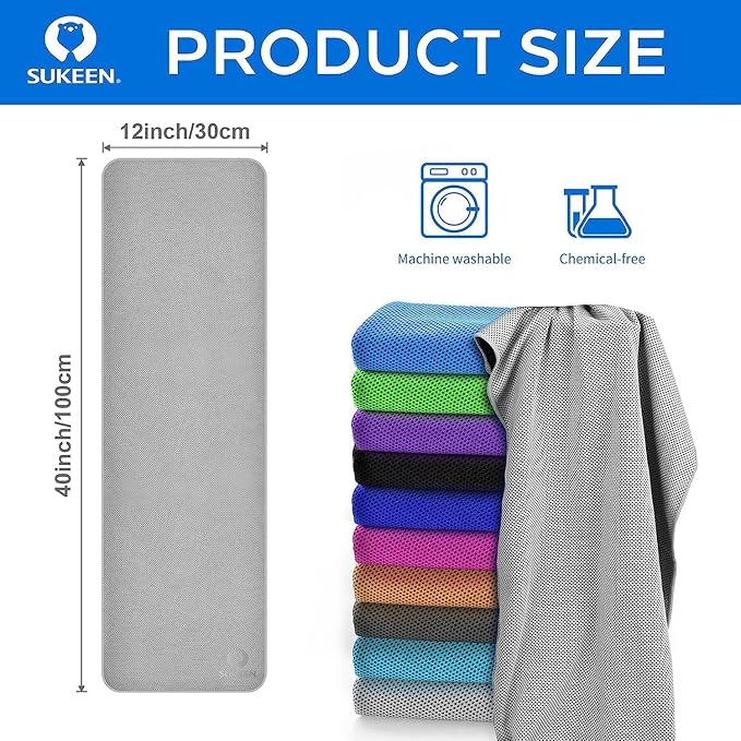 Sukeen Cooling Towel (40"x12"),Ice Towel,Soft Breathable Chilly Towel for Yoga,Sport,Running,Gym,Workout,Camping,Fitness,Workout &More Activities, Blue/Purple/Dark Blue/Pink/Green/Grey/White/Lake Blue