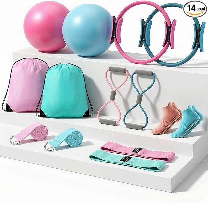 Poen Pilates Equipment Kit for Home Workout Pilates Ring and Ball Set for Women 12'' Circle Yoga Fitness Essentials Kit with Resistance Bands, Yoga Strap, Socks,Bag