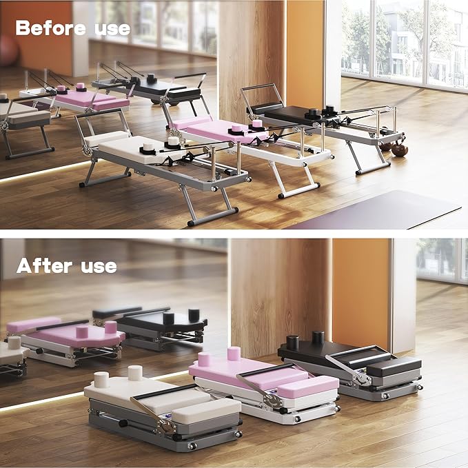 Foldable Pilates Reformer Machine for Home Use - 330lbs Capacity with 5 Alloy Springs, 11 Resistance Levels & UP Leather Surface, Space-Saving Fitness Equipment