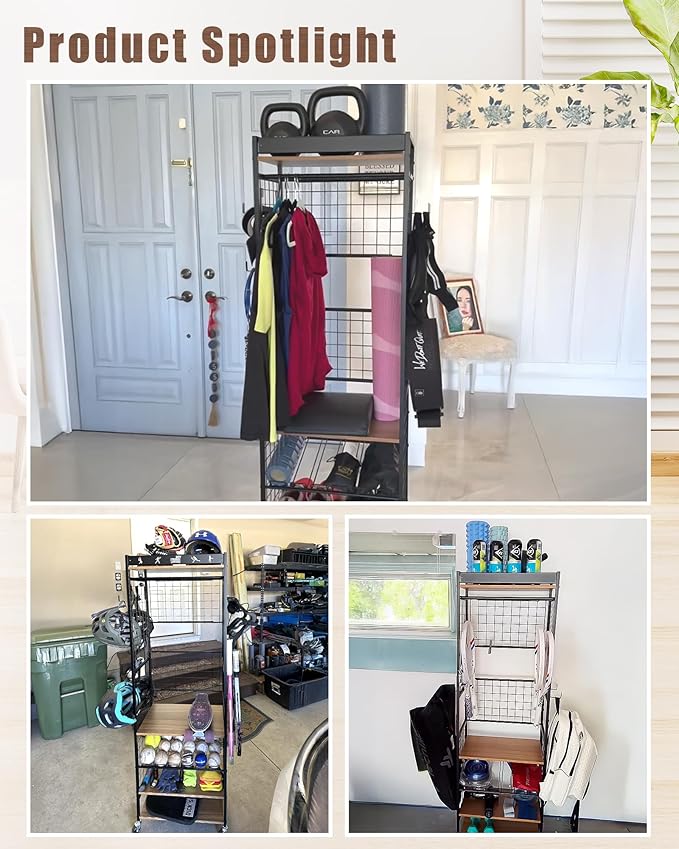 Mythinglogic Weight Rack for Dumbbells, Home Gym Storage for Yoga Mat Dumbbells Kettlebells and Strength Training Equipment, Dumbbell Rack with Wheels and Hanging Hooks