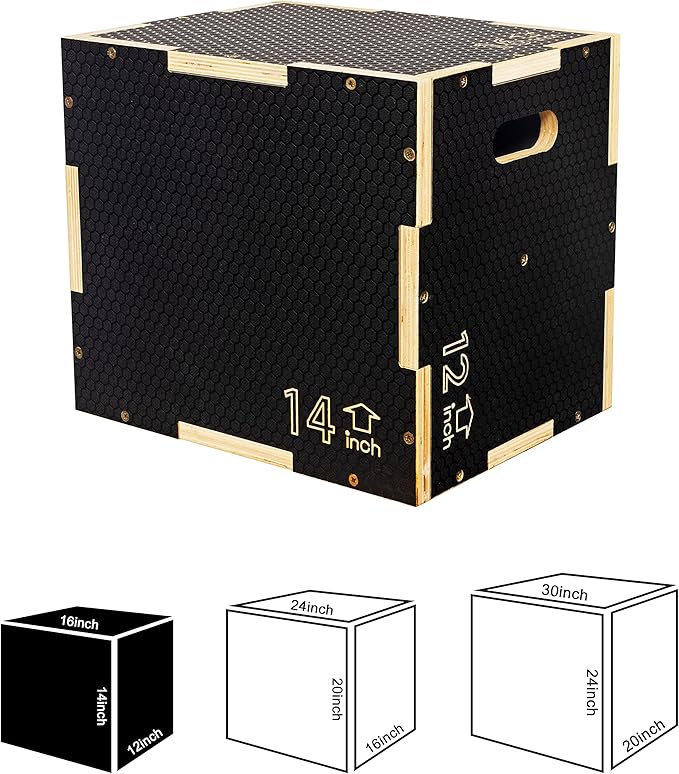 Fitvids 3 in 1 Non-Slip Wooden Plyo Box Jump Exercise Platform, Plyometric Workout Equipment for Home Gym, Training Step Box, Black, Multiple Sizes