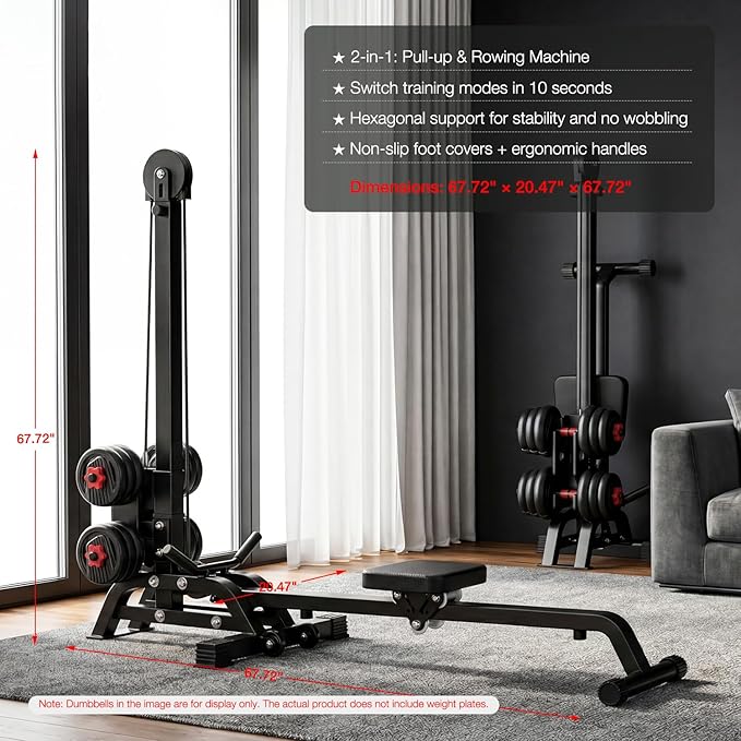 Foldable Multifunctional Rowing Machine, Dumbbell-Loaded Home Gym Equipment, Adjustable Resistance Strength & Cardio Trainer, Full Body Workout with Pull Down System (No Dumbbells Included)