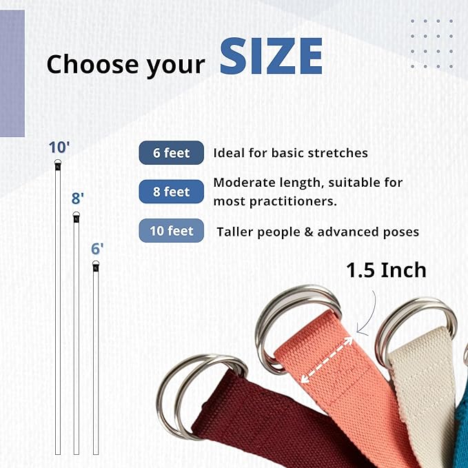 Everyday Yoga Strap with Metal D-Ring - Durable Stretching Strap for Yoga, Pilates, Flexibility & Physical Therapy (6ft, 8ft, 10ft)