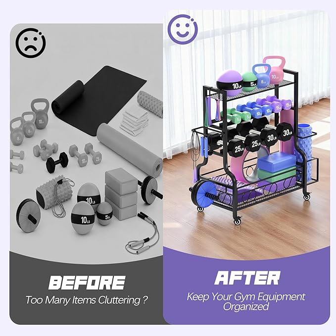 PARTPHONER Adjustable Dumbbell Rack, Weight Rack for Home Gym Storage, Home Gym Storage for Stores Dumbbells, Kettlebells and Yoga Mats, All in One Workout Storage Racks with Wheels and Hooks, Durable Powder Coated Steel
