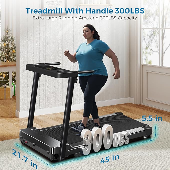 Treadmill with Handles, 2026 Upgraded Small Treadmills Home, Portable Electric Treadmills for Home 300 lbs Capacity,Walking Pad Treadmill,Lightweight Foldable Walking Pad,LED Display(Black)