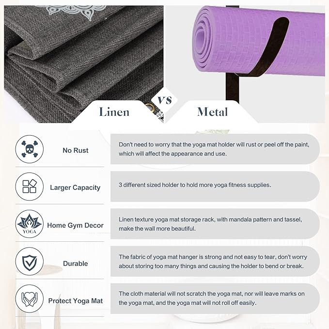 VINAEMO Yoga Mat Holder Accessories Wall Mount Organizer Storage Decor Foam Roller and Towel Storage Rack with 4 Hooks and Wooden Shelves Yoga Mats Rack Resistance Bands for Home Gym School Office