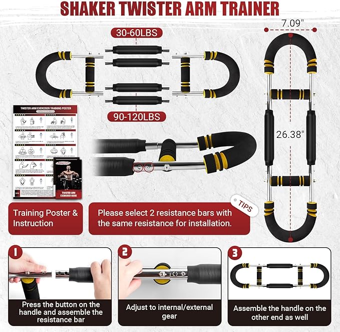 Twister Arm Trainer, 30-120 lbs Adjustable Twister Arm Chest Exerciser with 4 Spring & Poster for Men & Women, Detachable Power Twister Home Fitness Equipment for Enhancing Upper Body Muscle