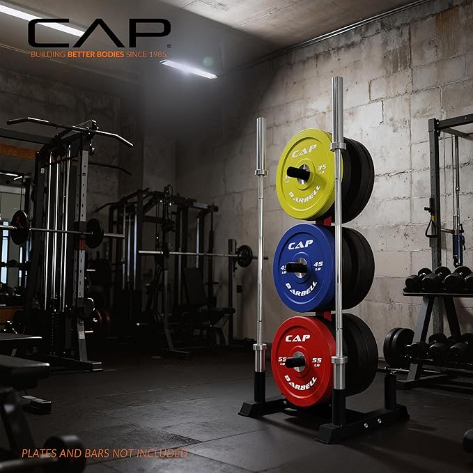 CAP Barbell Olympic Bumper Plate Tree Rack with Weight Plate Posts and Barbell Storage Holders – Multiple Options – Heavy-Duty Steel Gym Organizer for Olympic Plates and Bars