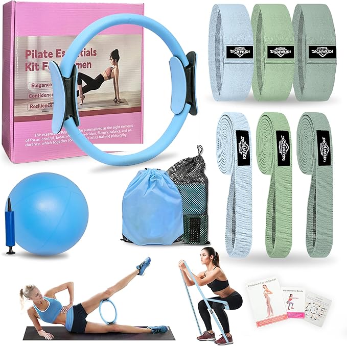 Pilates Essentials Kit for Home Women, Pilates Equipment for Workouts, 6 Fabric Resistance Bands, 12 Inch Magic Circle Yoga Ring, Mini Exercise Ball, Great Exercise Accessories