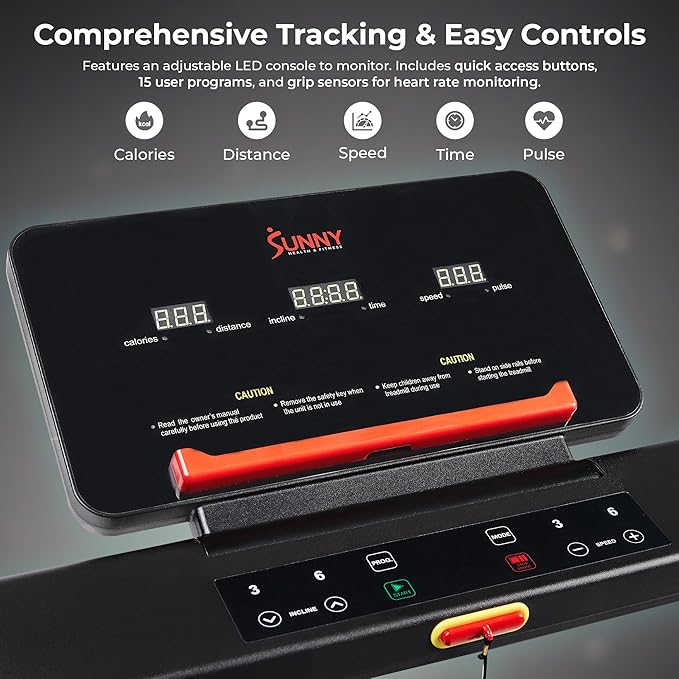 Sunny Health & Fitness Interactive Slim Folding Treadmill for Home, Running or Walking with Quiet Brushless, Shock Absorption, Free SunnyFit App Bluetooth Connection, Optional 12 Level Auto Incline