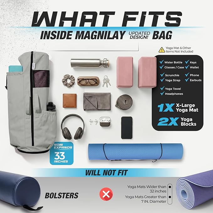 MAGNILAY Yoga Mat Bag - for Women and Men, Yoga Mat Carrier, Fits Mats Blocks and Accessories for Workouts, (32”L)