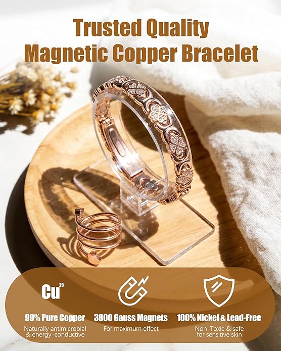 Copper Bracelet & Ring for Women, Ultra Strength Magnetic Bracelet with 3800 Gauss Magnets, Four-Leaf Clover & Infinity Heart Symbol & Crystal, Adjustable Tools and Jewelry Gift Box