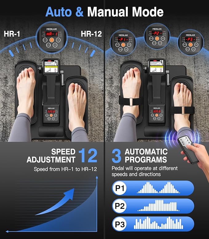 Medilax Black Portable Under Desk Elliptical Machine with Wireless Remote. 12 Manual & 3 Automatic Speeds. Pedal Ellipse Leg Exerciser. Leg Exerciser While Sitting for Seniors Adults Home Office