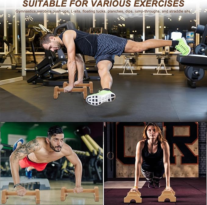 EVERYMATE Wood Push Up Bars Parallettes Bars with Rubber Feet, Anti-slip Handstand Bars for Calisthenics, Equipment for Home, Push Up Handles for Floor, Handstand Push Up Handles, Support 600 LB