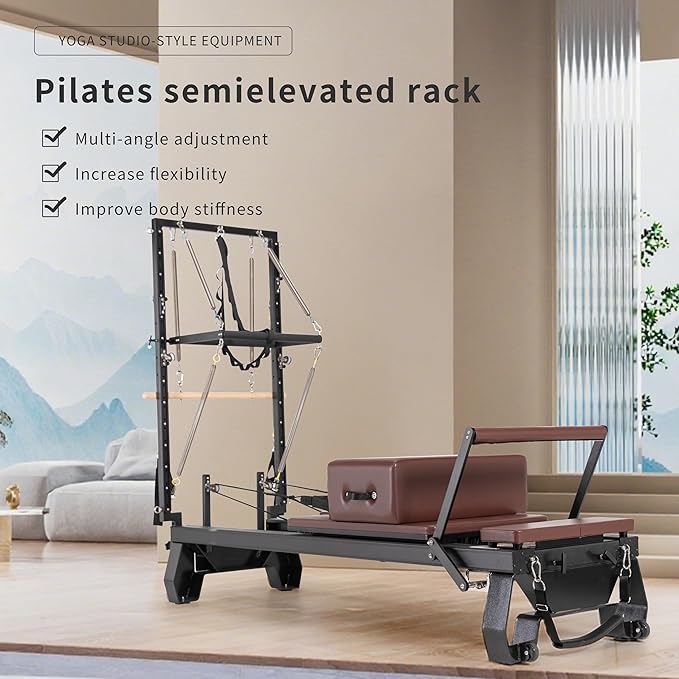 Foldable Oak Wood Pilates Reformer Machine with Reformer Box & Jump Board for Home, Studio, Gym & Yoga - 12-Level Resistance, Adjustable Shoulder Pad, Lightweight Aluminum Frame & PU Leather Carriage