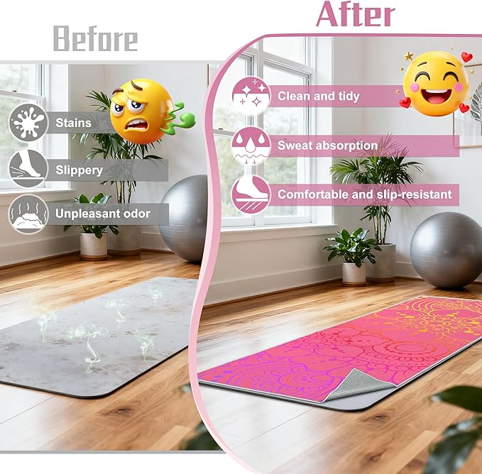 Yoga Towel,Absorbent Yoga Mat Towel for Hot Yoga Non Slip,Stylish Prints,Ideal for Workouts,Hot Yoga,Bikram,Pilates Equipment,72 x 27 in,Pink Flowers