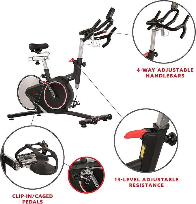 Sunny Health & Fitness Indoor Intensive Cycling Exercise Bike, Adjustable Cardio Training Exerciser w/Emergency Brake for Home, Optional Free SunnyFit App Bluetooth Link + Electromagnetic Resistance
