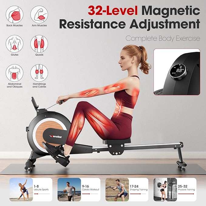 Rowing Machine for Home, Magnetic Rower Machine, 350 LB Weight Capacity, 16-Level Silent Resistance Row Machine for Gym Exercise Full-Body Workout Compact Rower with LCD Monitor Tablet Holder