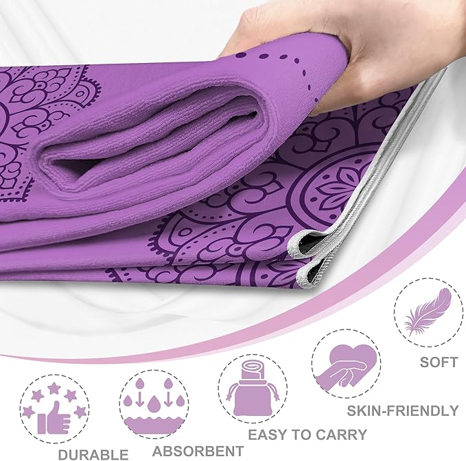 Yoga Towel, Absorbent Yoga Mat Towel for Hot Yoga Non Slip, Stylish Prints, Ideal for Workouts, Hot Yoga, Bikram, Pilates Equipment,72 x 27 in,Purple Mandala