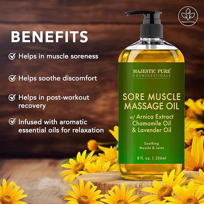 MAJESTIC PURE Arnica Sore Muscle Massage Oil for Massage Therapy - Refreshing and Relaxing - Natural Oils with Lavender & Chamomile Essential Oils - All Skin Types - Men & Women Massage Lotion-8 fl oz