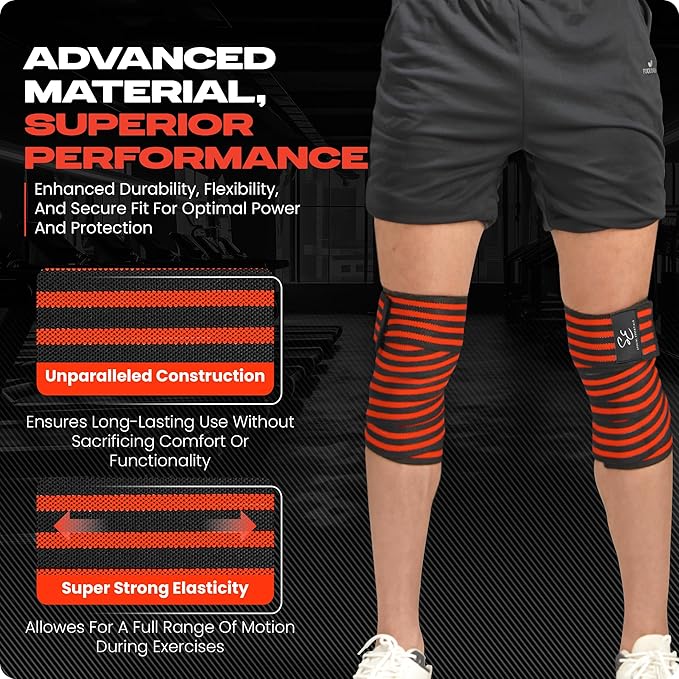 Special Essentials Knee Wraps for Weightlifting with Strap (2 Pack) - 72 Inches Flexible Support for Men & Women, for Powerlifting, Squats, Leg Press, and Cross Training
