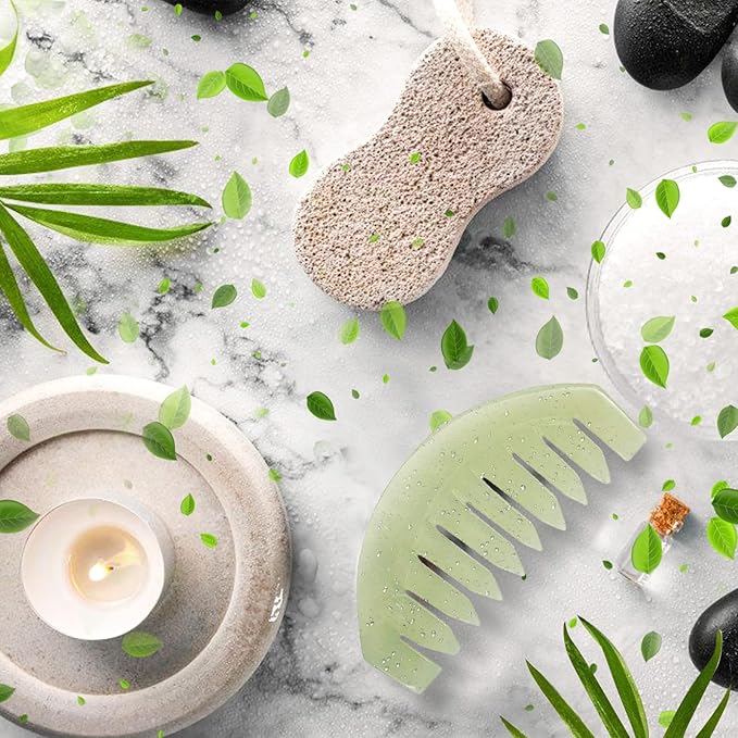 Janedream Jade Stone Gua Sha Comb Traditional Massage Tools for Scalp Head Hair Facial Manual Scalp Massagers with Acupuncture Head Therapy Trigger Point Treatment
