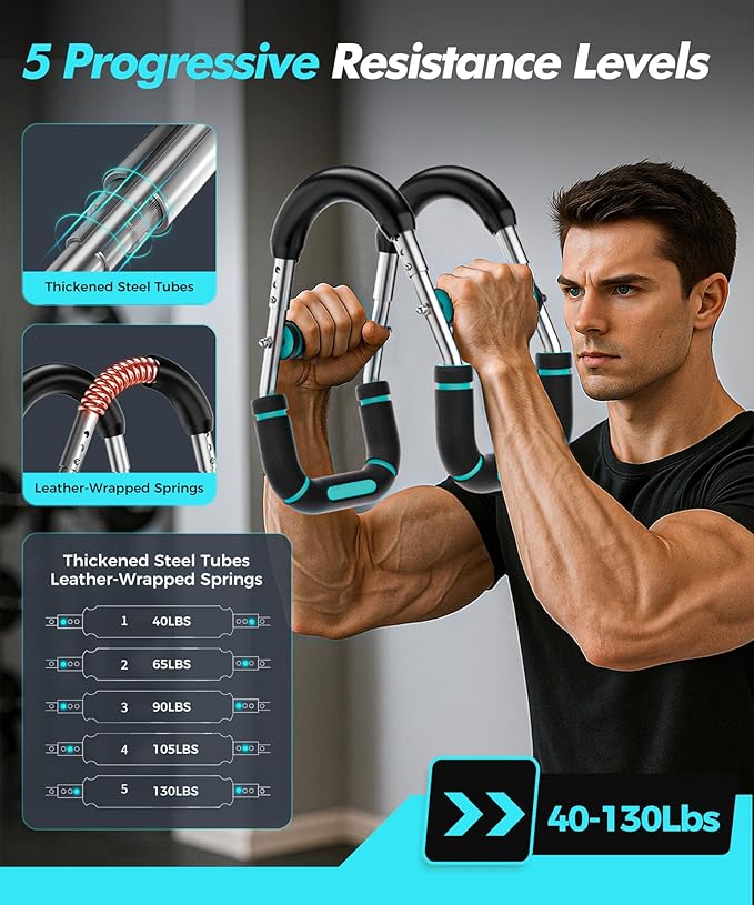 Twister Arm Trainer, Chest Workout Equipment for Men & Women Adjustable 5 Resistance Levels (40-130 lbs), Ergonomic Home Gym Strength Trainer with Anti-Slip Handles & Carry Bag