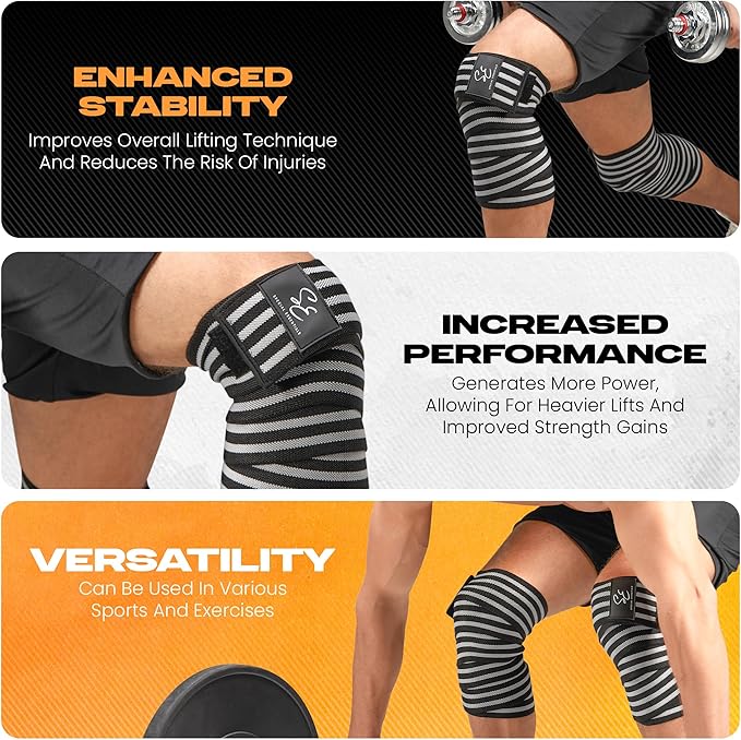 Special Essentials Knee Wraps for Weightlifting with Strap (2 Pack) - 72 Inches Flexible Support for Men & Women, for Powerlifting, Squats, Leg Press, and Cross Training