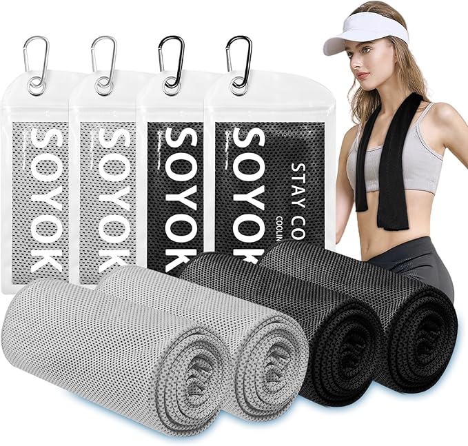 4 Packs Cooling Towels, 40" x 12" Microfiber Cooling Towels for Neck and Face, Soft Breathable for Working Out with Waterproof Bag & Carabiner, Suit for Running, Yoga, Climb, Travel