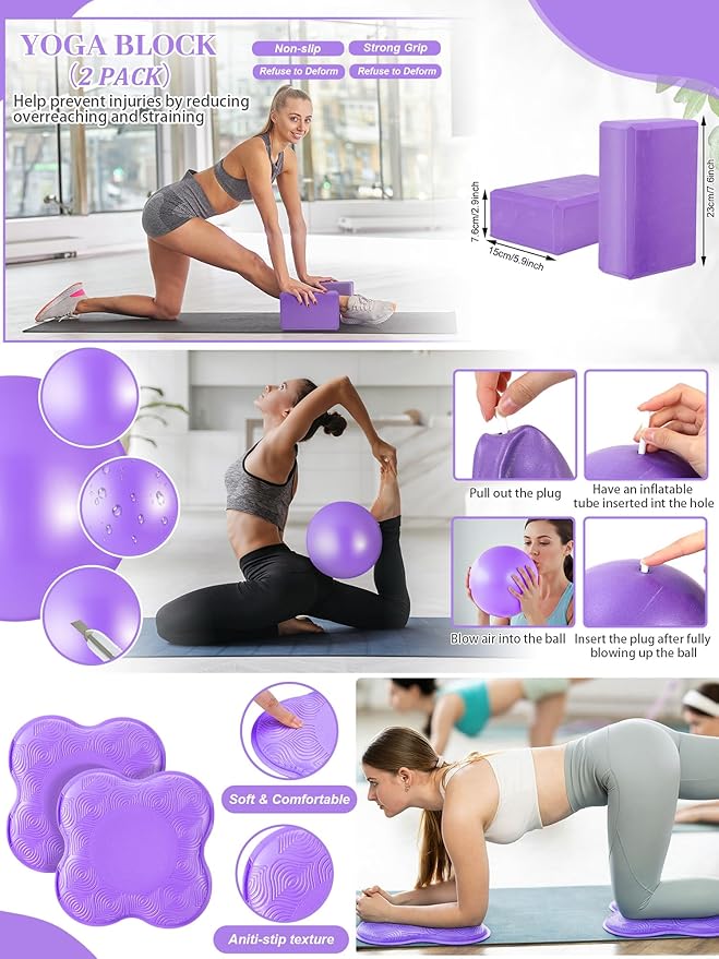 17 Pcs Yoga Essential Kit for Women, Pilates Equipment Starter Set for Beginners with Yoga Wheel Ball Blocks Strap Resistance Bands Wrist Rings Socks Towel & Carry Bag for Home Workouts