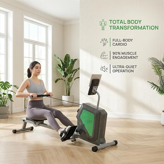 Magnetic Rowing Machine for Home, Quiet Foldable Rower with 8-Level Resistance, LCD Monitor & Tablet Holder, Full-Body Low-Impact Cardio Workout Equipment (SRM2000)