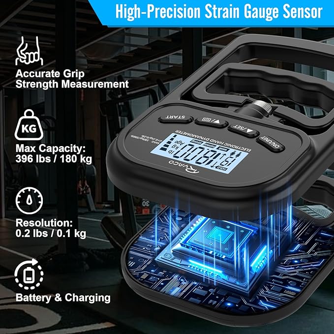 Ryaco Grip Strength Tester With Grip rings, finger exercisers, 396lbs/180kg Digital Hand Dynamometer Grip Strength Trainer Set Electronic Hand Grip Strengthener with LCD Display for Rehab