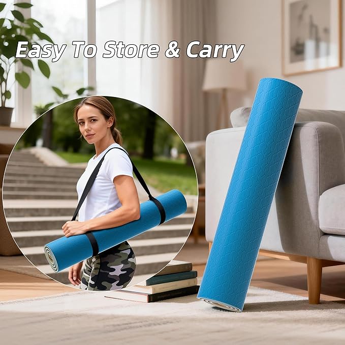 HAHE Yoga Mat Thick, 72"x32"x0.4"Th (10mm), Wide Non-Slip Exercise Mat with Carry Strap, Double-Sided POE Fitness Mat for Yoga, Pilates & Floor Workouts