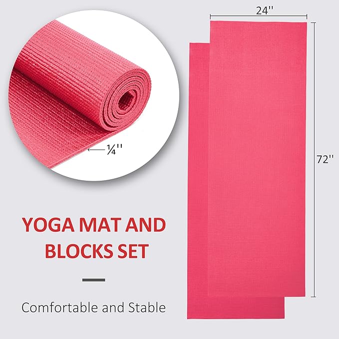 Signature Fitness All Purpose 0.25 Inch Thick High Density No Tear Exercise Yoga Mat with Strap & Lightweight Features for Indoor & Outdoor Use, Red