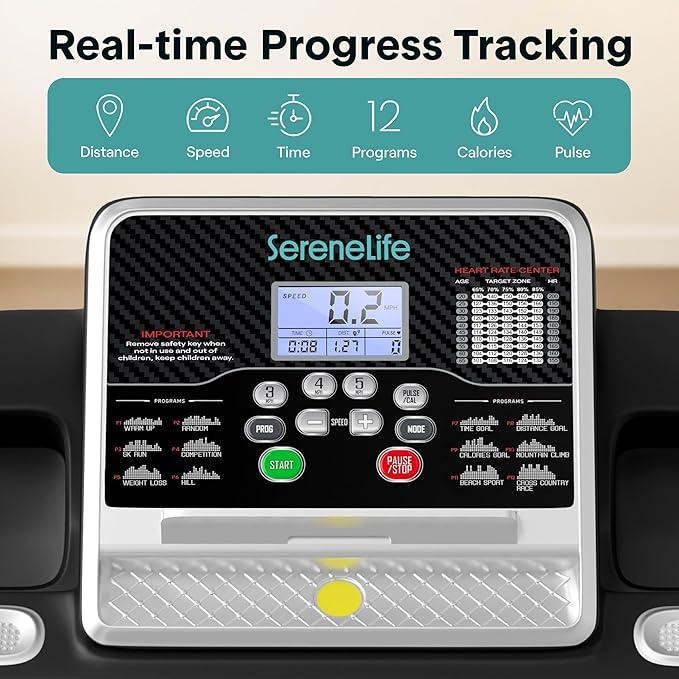 SereneLife Treadmills for Home with 13% Manual Incline Treadmill, 3.5HP - Compact Digital Portable Foldable Treadmill with Speakers, Bluetooth, App Sync, Heart Rate Monitor, for Walking, Running, Gym