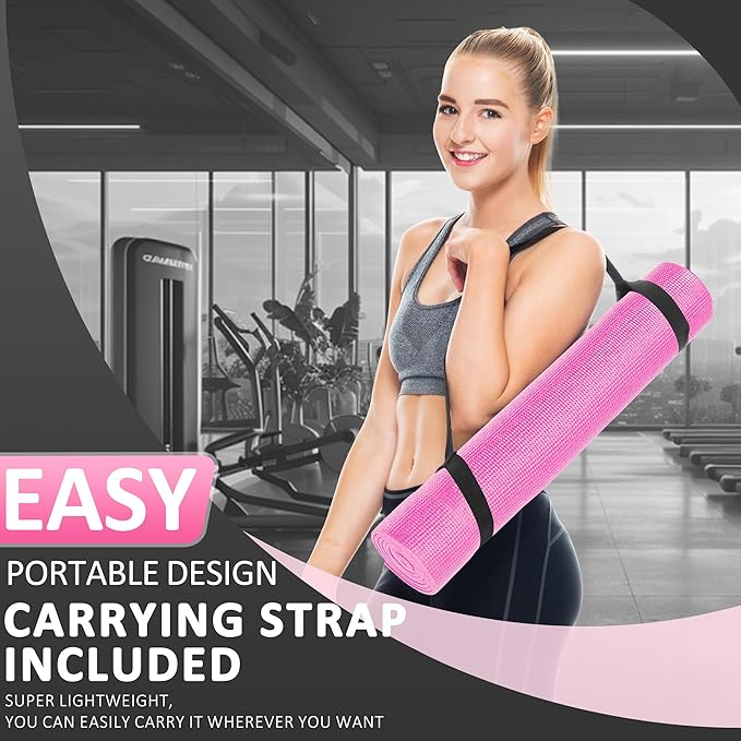 Signature Fitness All Purpose 0.25 Inch Thick High Density No Tear Exercise Yoga Mat with Strap & Lightweight Features for Indoor & Outdoor Use, Pink