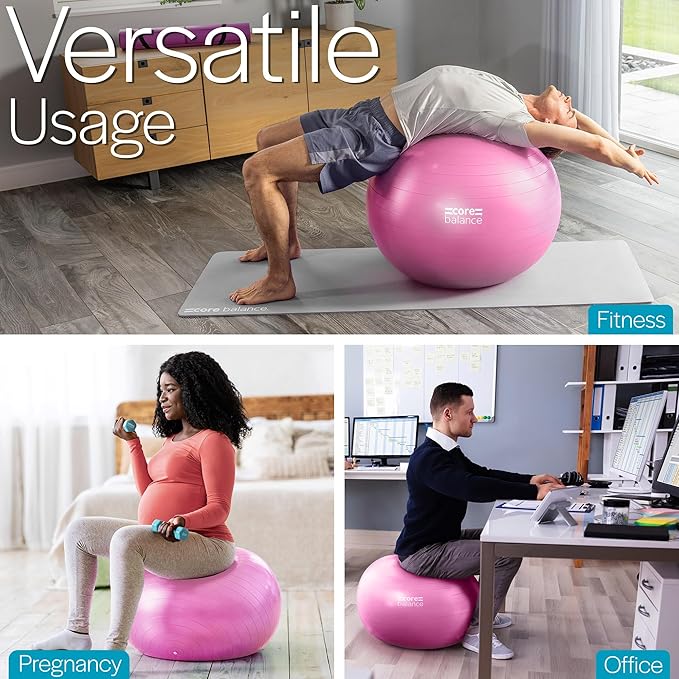 Core Balance Exercise Ball, Stability Ball for Yoga, Pilates and Fitness, Gym Ball for Home Gym and Office Chair, Training, Physical Therapy, Anti Burst, Pump Included, 55cm 65cm 75cm 85cm