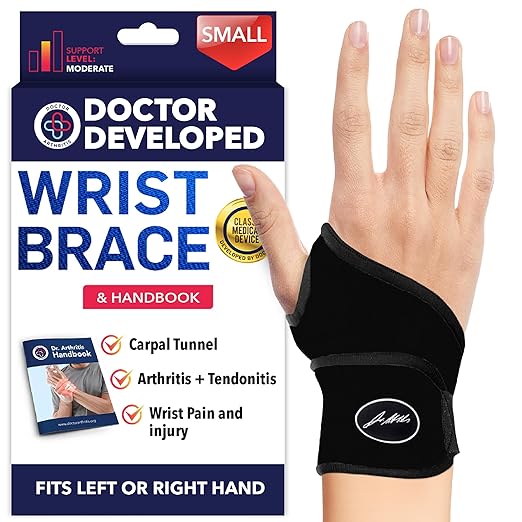 Doctor Developed Wrist Brace - Wrist wrap for Carpal Tunnel Arthritis,Tendonitis, Hand Support - Ideal for Fitness, Weightlifting - Handbook included (Black (Small- 1 Pack), Wrist Brace)