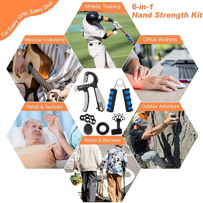 CYFIE Grip Strength Trainer Kit, Adjustable Hand Gripper Strengthener, Forearm Strengthener & Finger Exerciser Set with Finger Stretcher, Stress Ball & Grip Ring for Athletes, Rock Climbing & Rehab