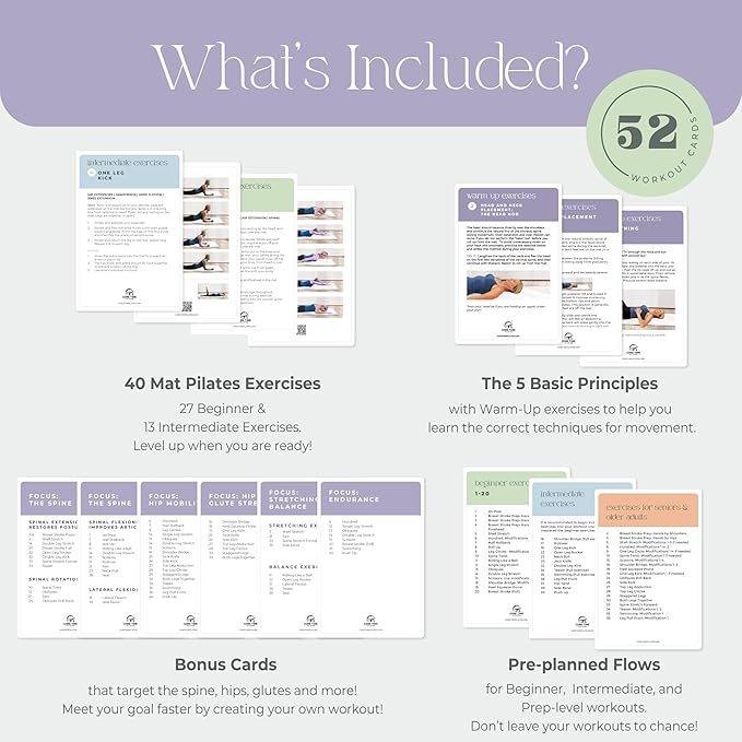 52 Pilates Cards - 40 exercises with Pilates Instructor- Mat Pilates workout cards - Detailed photos and video Instructions - Do Pilates at Home- No equipment needed.