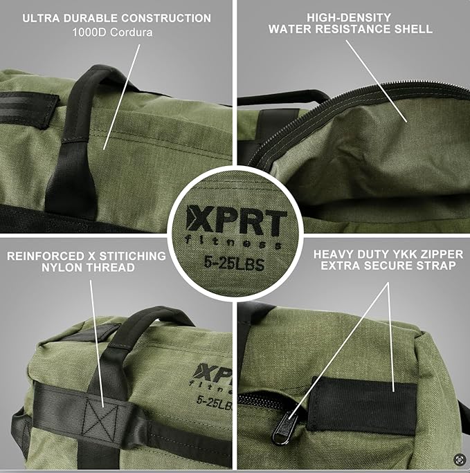 XPRT Fitness Workout Sandbag for Heavy Duty Workout Cross Training 7 Multi-positional Handles - Color Army Green/Black/Camo