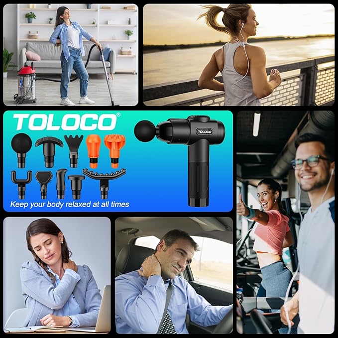 TOLOCO Massage Gun, Deep Tissue Back Massage for Athletes for Pain Relief, Percussion Massager with 10 Massages Heads & Silent Brushless Motor, Valentines Day Gifts for Him Her, Black