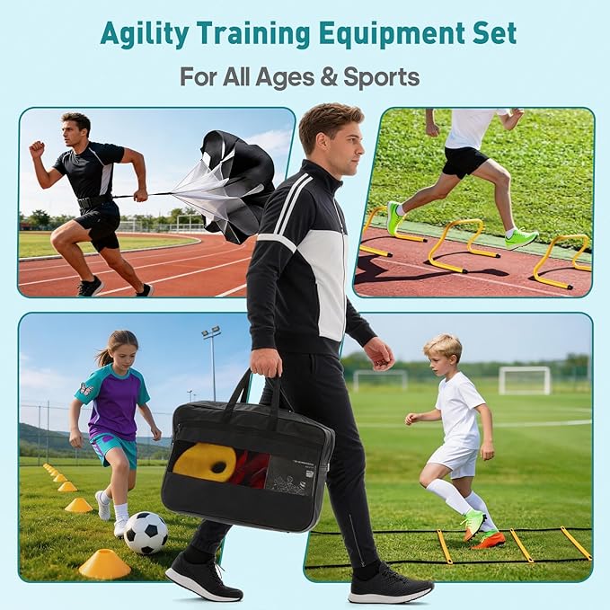 OLIXIS Soccer Agility Training Equipment Set- 20 ft Speed Ladder, 12 Soccer Cones, 4 Agility Hurdles, Jump Rope, Resistance Parachute Speed Training Equipment for Kids, Youth, Adults