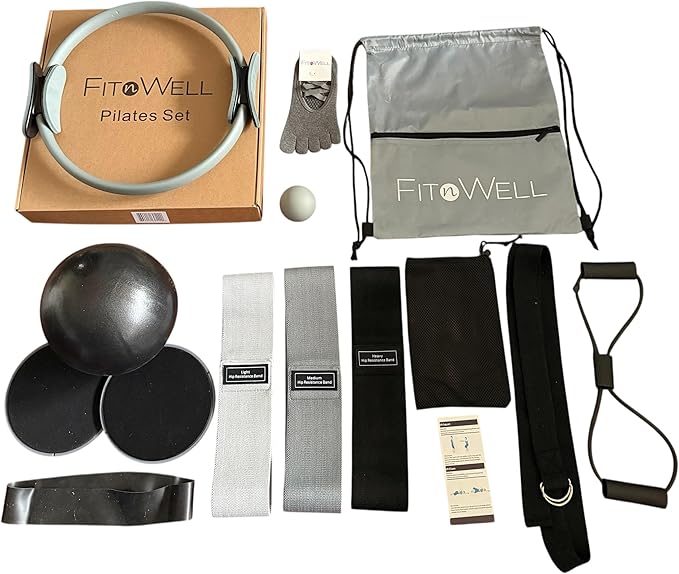 14 pc Complete Pilates set: 15" Pilates Ring, small Ball, Fabric Resistance Bands, Figure 8 Band, Elastic band, Stretching strap, Massage ball, Pilates grip socks, Gliding discs, Drawstring bag