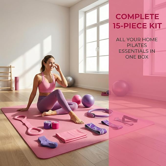Pilates Kit for Home Workouts,15 Pcs Pilates Equipment Set for Women with Resistance Bands Yoga Socks Muscle Bandage